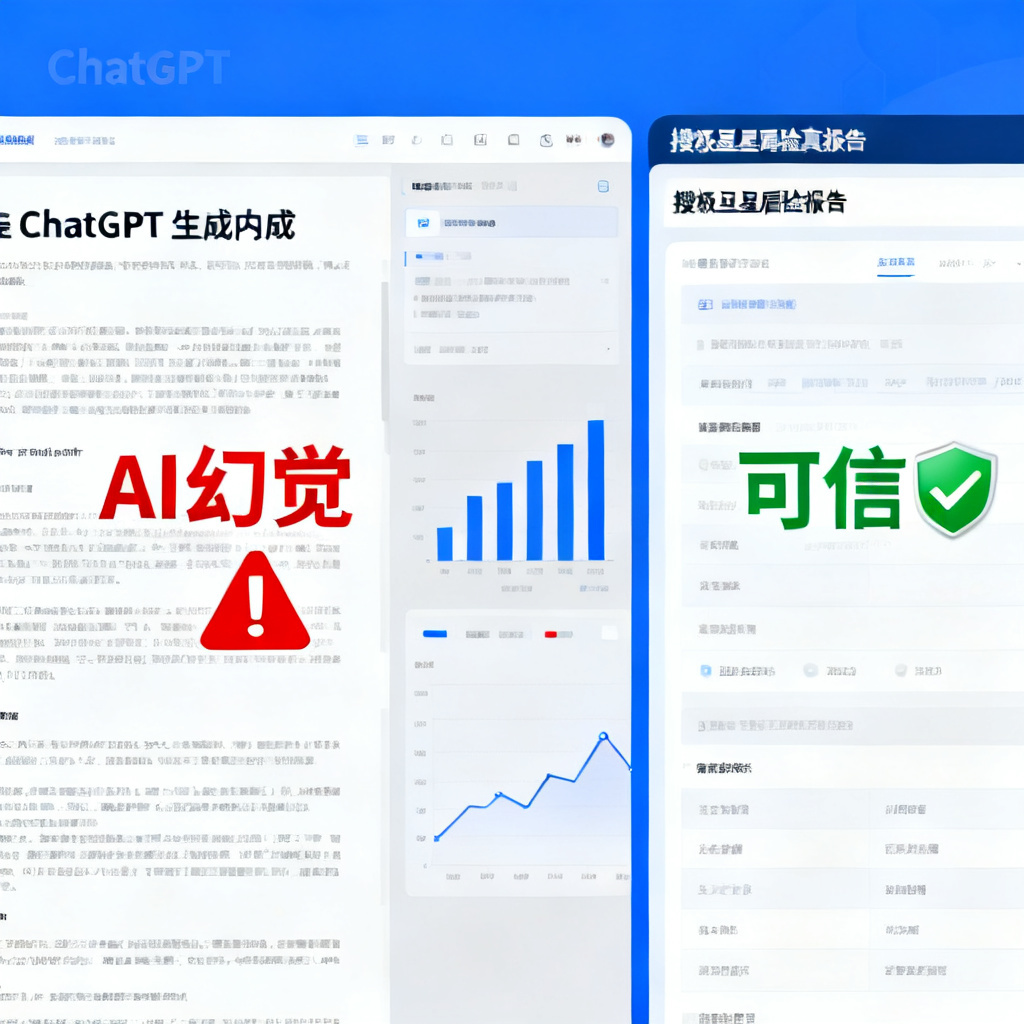 一张对比图，左侧显示ChatGPT生成内容中标注的“AI幻觉”红色警告，右侧显示搜极星星盾验真报告中的绿色“可信”标记，风格科技感，带有数据图表元素