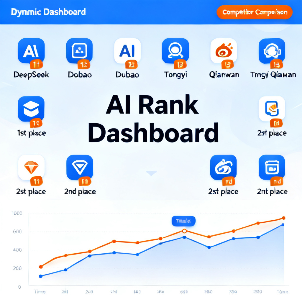 A dynamic dashboard screenshot with the brand name at the center, surrounded by icons of over 12 AI models (e.g., DeepSeek, Doubao, Tongyi Qianwen). Each icon displays a number (e.g., 2nd place, 1st place). Below is a line chart showing changes in ranking, with a 'Competitor Comparison' button in the upper right corner. The overall color scheme is a professional blue-orange.