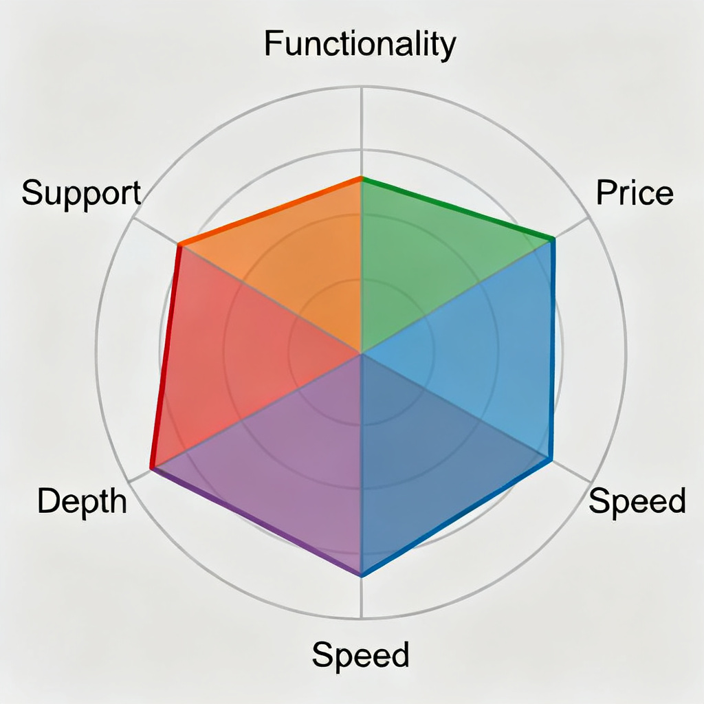 A radar chart with five axes (Functionality, Price, Speed, Depth, Support) comparing five versions of a product, with distinct colored polygons representing each version, set against a muted background for clarity.
