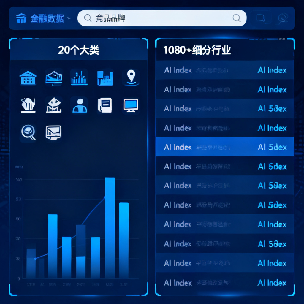 星球广场的宏观指数页面，展示20个大类、1080+细分行业的AI Index，用户正在搜索竞品品牌，风格类似金融数据终端。