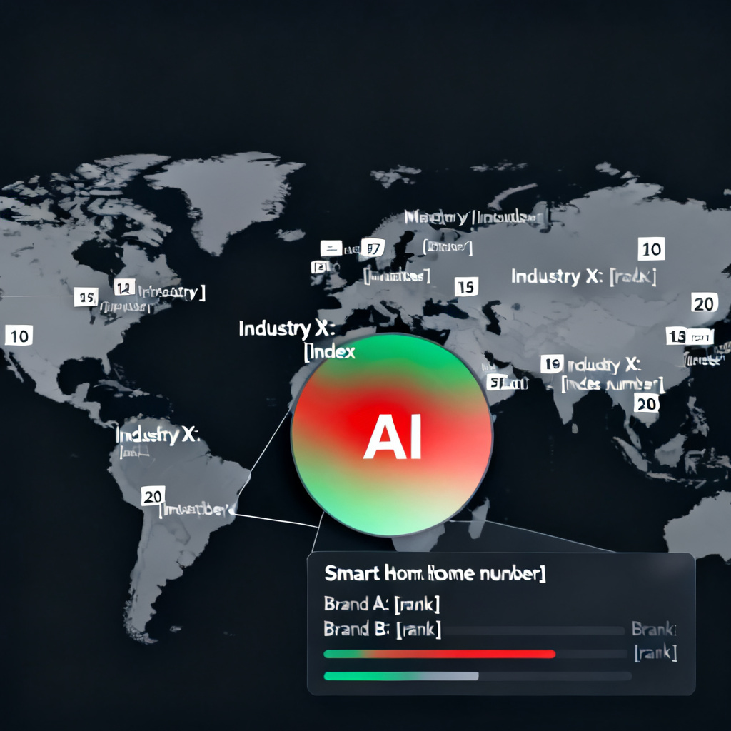 A world map with superimposed index numbers for 20 major industries, with zoom-in on a specific smart home sector showing AI heatmap and brand rankings