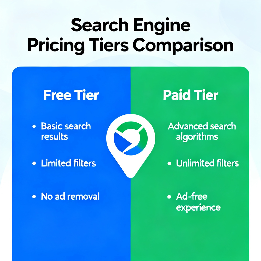 A comparison chart of pricing tiers with a central logo of a search engine, highlighting free and paid features