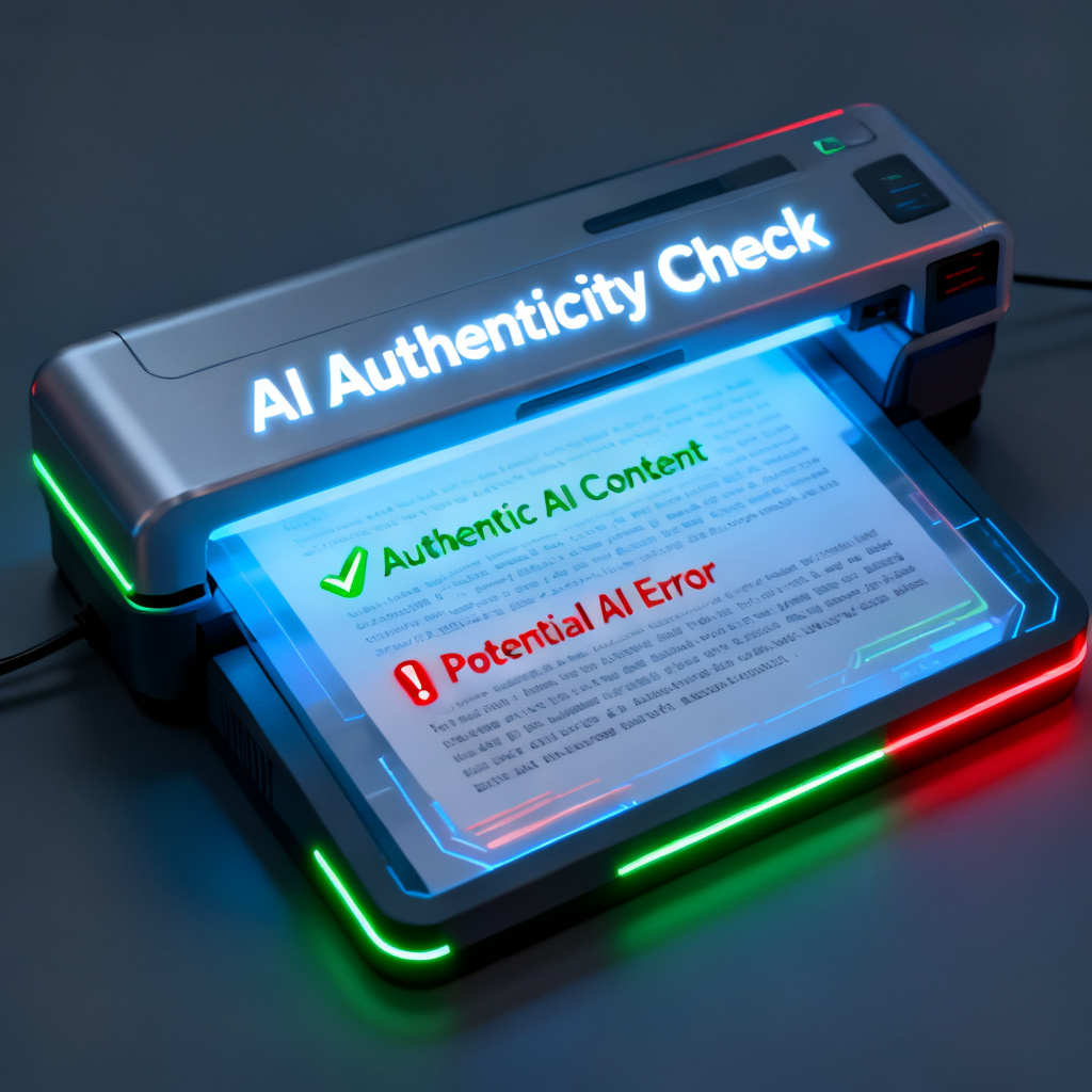A futuristic scanner analyzing text for AI authenticity, glowing interface with checkmarks and error highlights