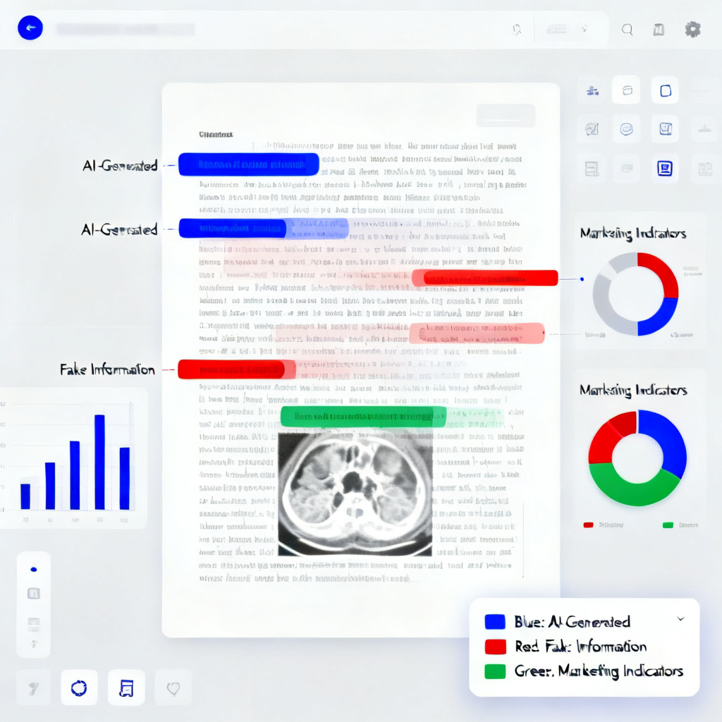 A digital interface showing a CT scan of text content, with highlighted sections indicating AI-generated parts, fake information, and marketing indicators. The interface has a clean, professional design with data visualization elements.