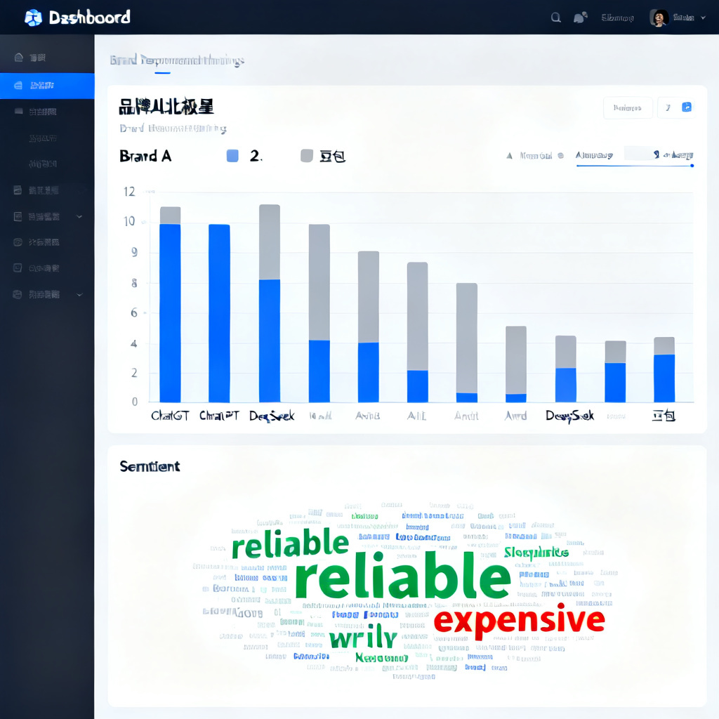 A dashboard of 搜极星's "品牌AI北极星" feature, displaying a bar chart comparing brand recommendation rankings across 12 AI models (e.g., ChatGPT, DeepSeek, 豆包). The chart shows brand A ranked 2nd on average, with a sentiment word cloud showing positive keywords like "reliable" and negative ones like "expensive."