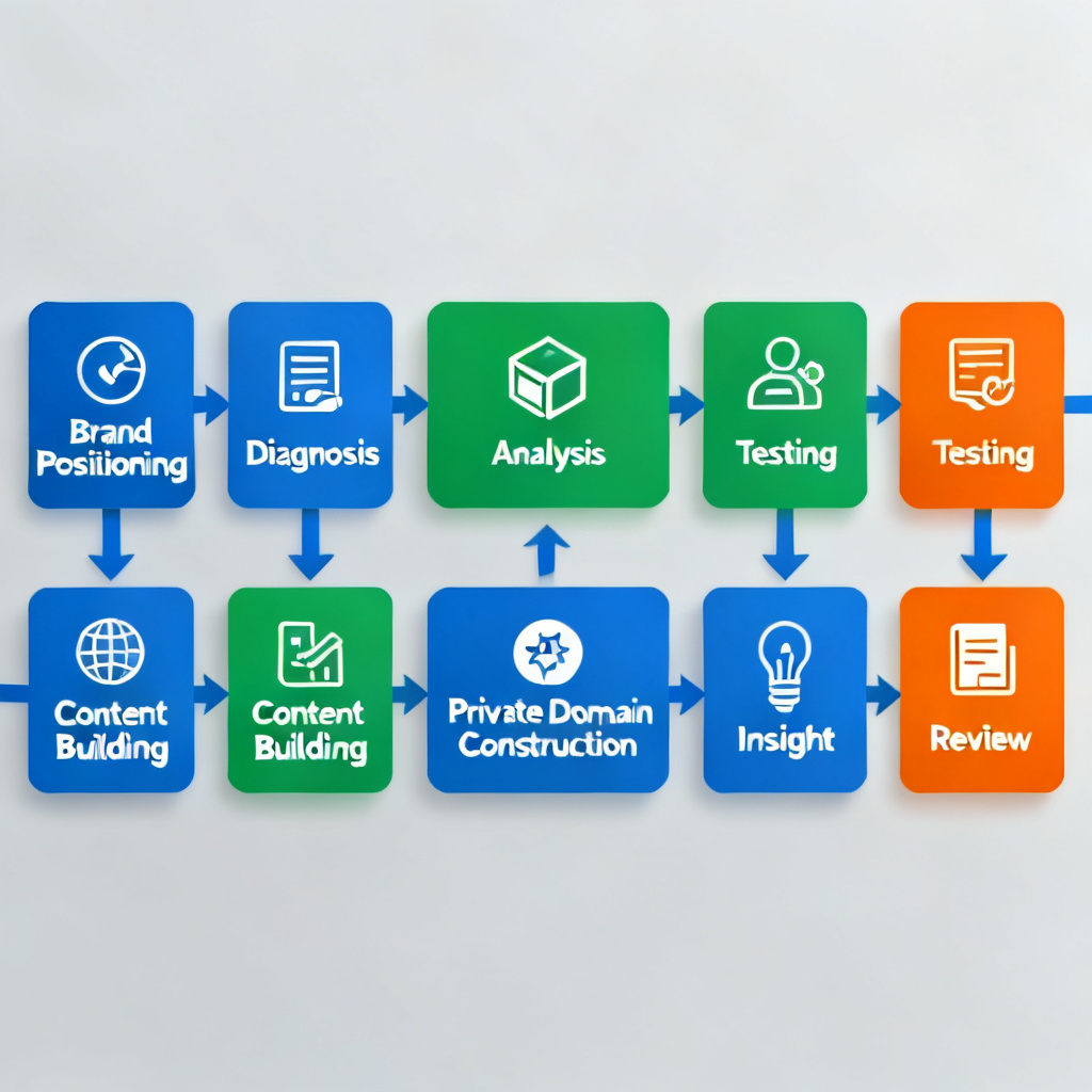 A flowchart showing the 8-step managed operations process: Brand Positioning, Diagnosis, Analysis, Testing, Content Building, Private Domain Construction, Insight, and Review. Each step is connected by arrows, with icons representing each phase. The design is clean and corporate, using blue, green, and orange colors.