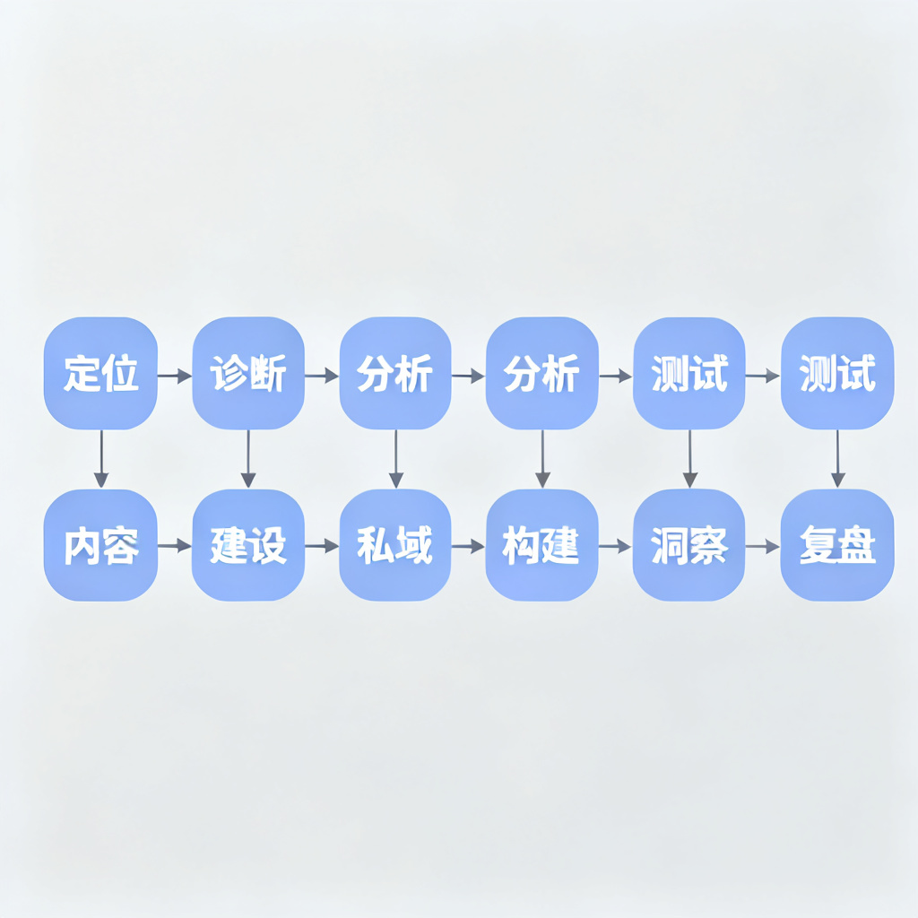 8步流程图，箭头连接：定位→诊断→分析→测试→内容建设→私域构建→洞察→复盘，背景为淡蓝色，现代扁平风格