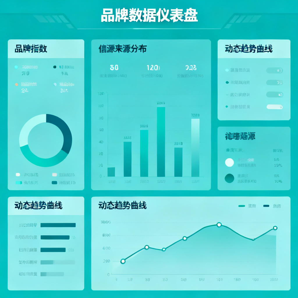 数据仪表盘展示品牌指数、信源来源分布、动态趋势曲线，蓝绿色调，干净的信息设计风格