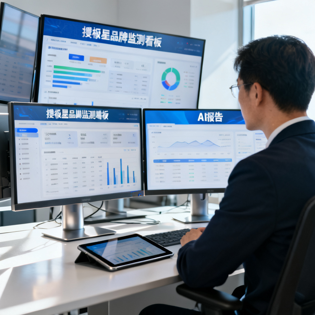 专业商业人士在办公桌前通过多台显示器和平板设备监控数据面板，屏幕显示搜极星品牌监测看板与AI报告页面，场景现代明亮，采用写实摄影风格，构图强调数字化办公与智能化管理的氛围