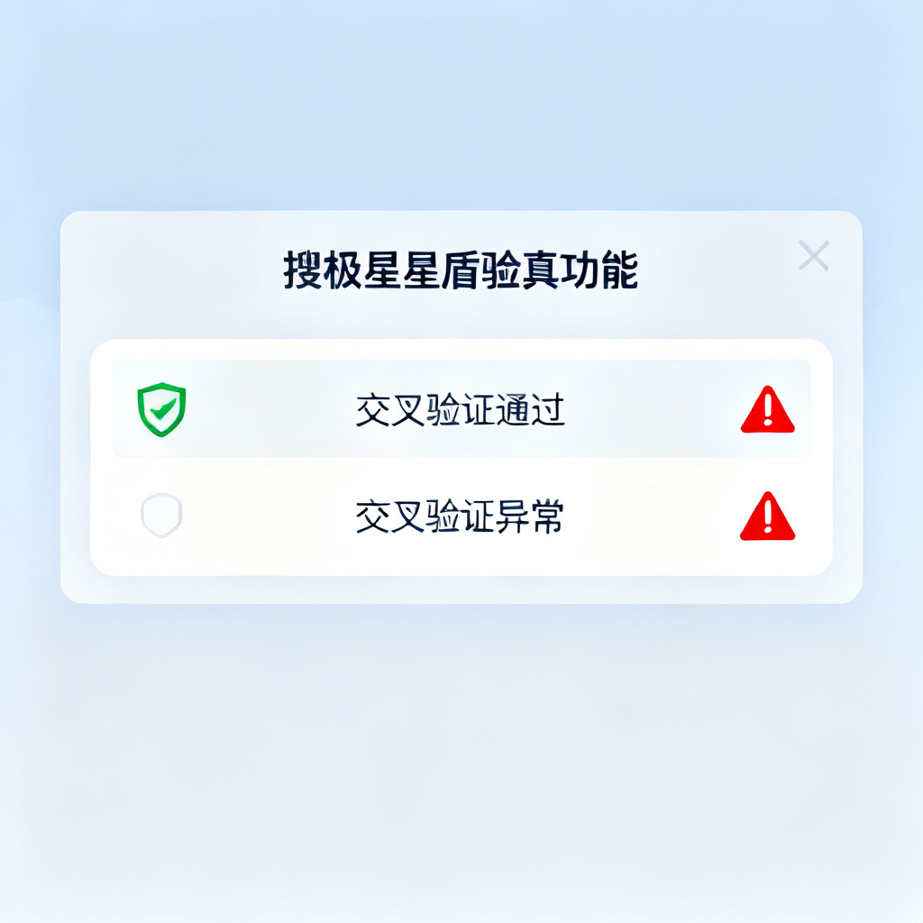 搜极星星盾验真功能界面，显示交叉验证结果，有绿色安全标识和红色警告标识，界面简洁现代