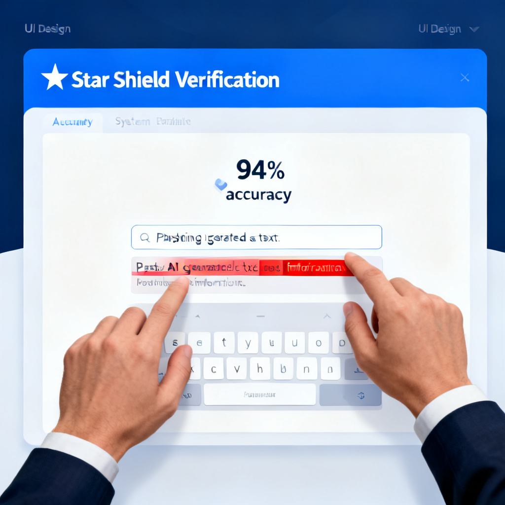 A screenshot of Soujixing's Star Shield verification interface, showing a user pasting AI-generated text and the system highlighting false information with 94% accuracy indicator