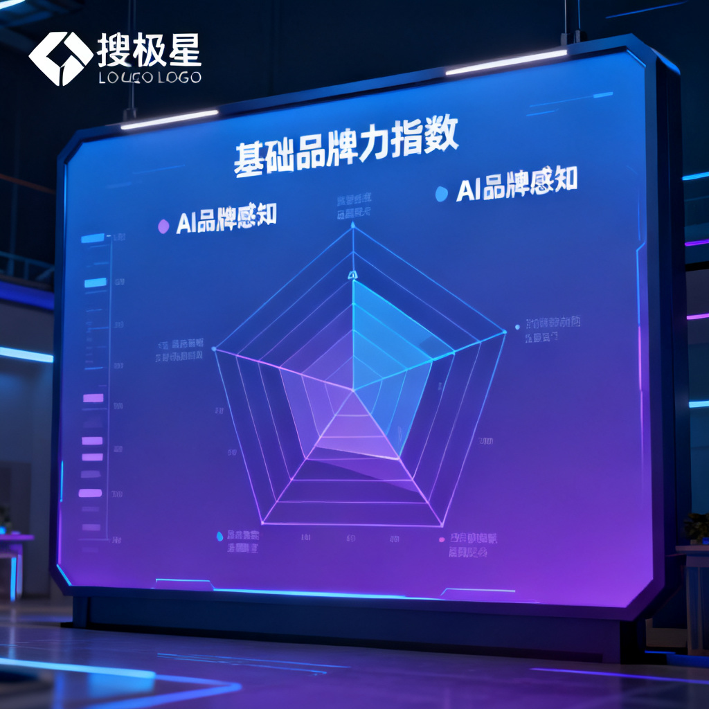 搜极星品牌指数看板的概念设计，显示‘基础品牌力指数’和‘AI品牌感知’的雷达图，带有企业Logo占位符。