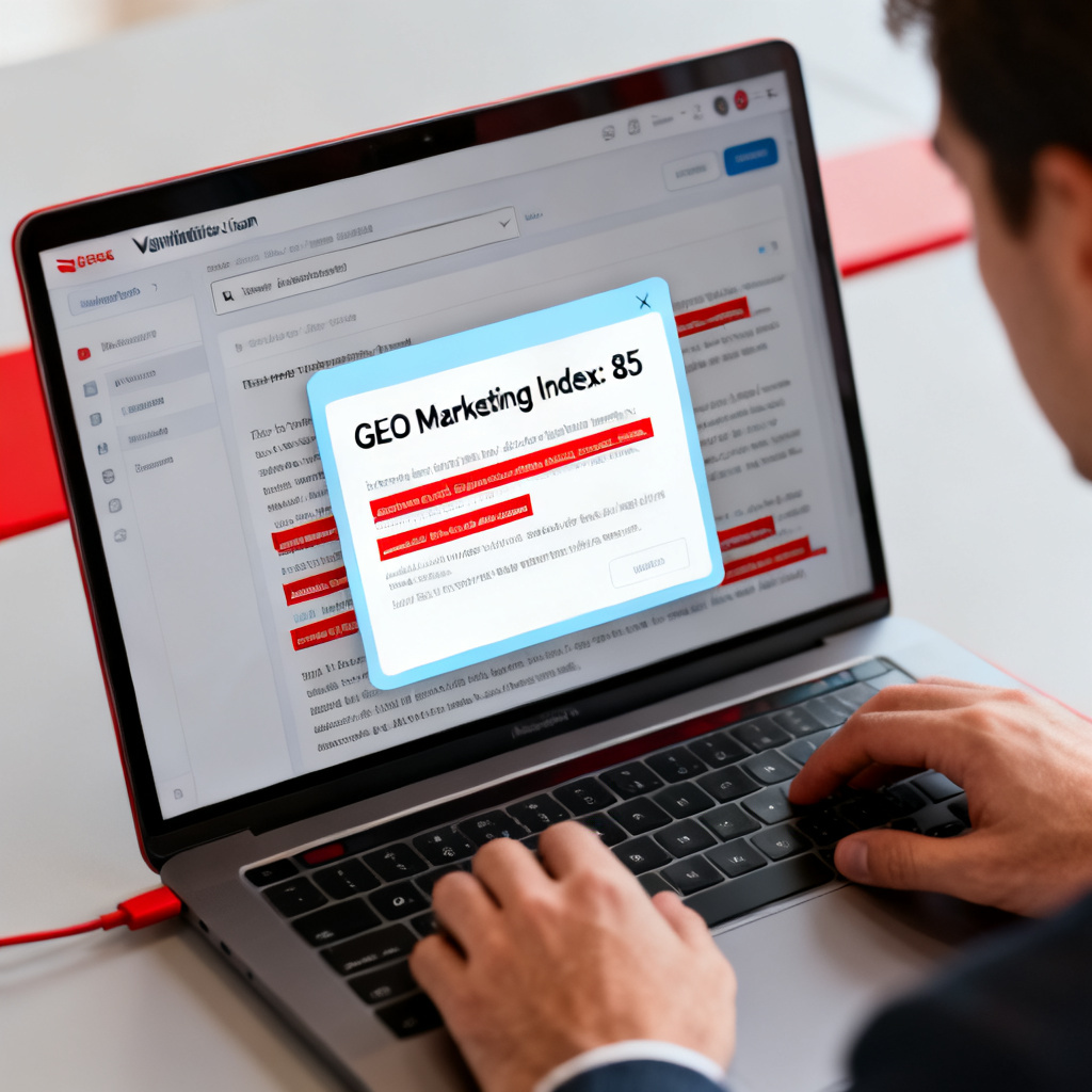 A user pasting text into a verification tool on a laptop, with a report popup showing "GEO Marketing Index: 85" and red highlights on suspicious claims.
