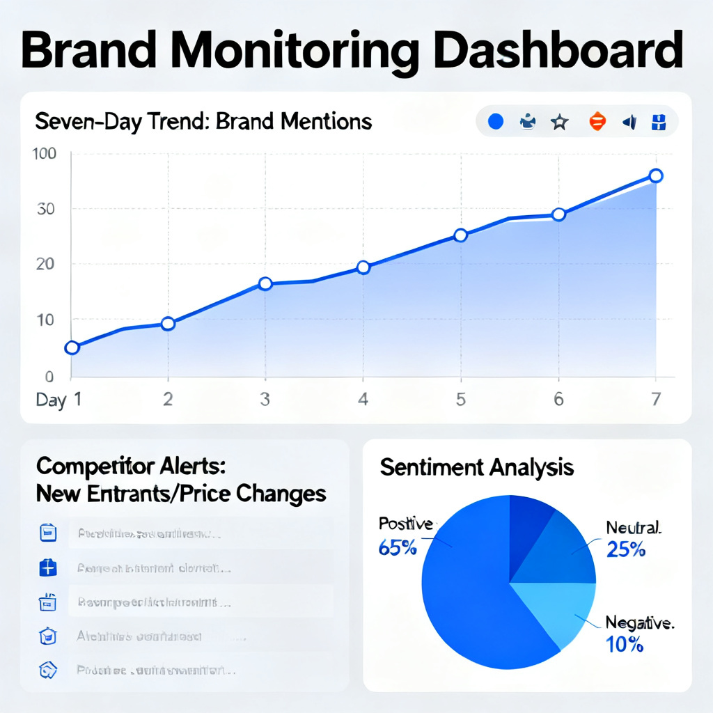 A dynamic dashboard showing brand monitoring data with seven-day trends, competitor alerts, and a "positive sentiment" pie chart, designed in a professional business style.