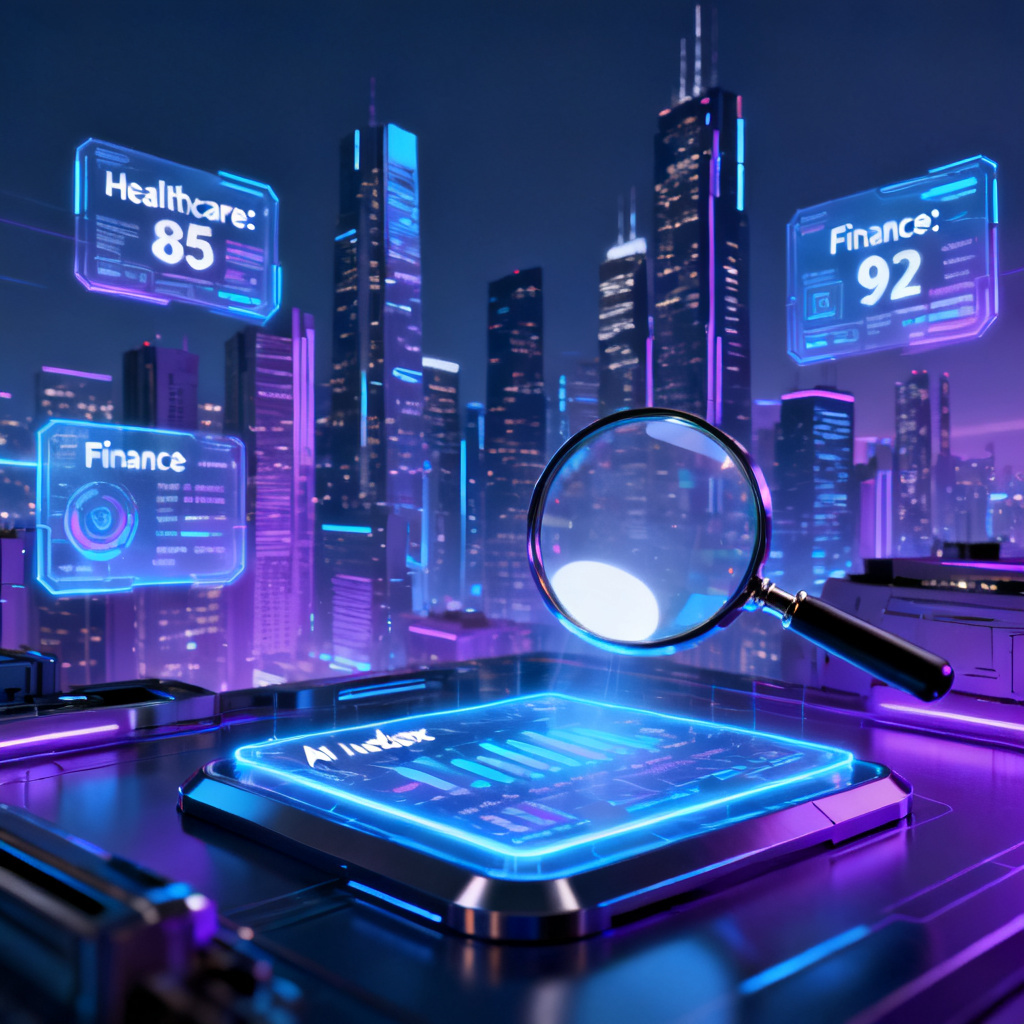 A panoramic view of a futuristic city skyline with floating data panels showing AI Index scores for various industries, like 'Healthcare: 85', 'Finance: 92'. A magnifying glass is hovering over one panel.