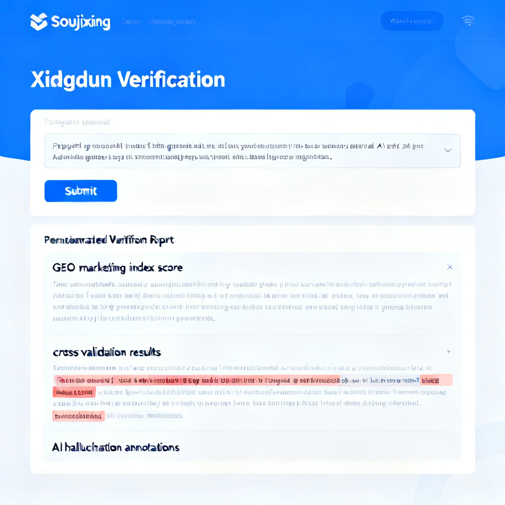 A screenshot of the "Xingdun Verification" interface on the Soujixing website, showing a text input box with pasted AI-generated content, a "Submit" button, and a generated verification report displaying GEO marketing index score, cross-validation results with highlighted false statements, and AI hallucination annotations. The interface is clean, professional, with a blue and white color scheme.