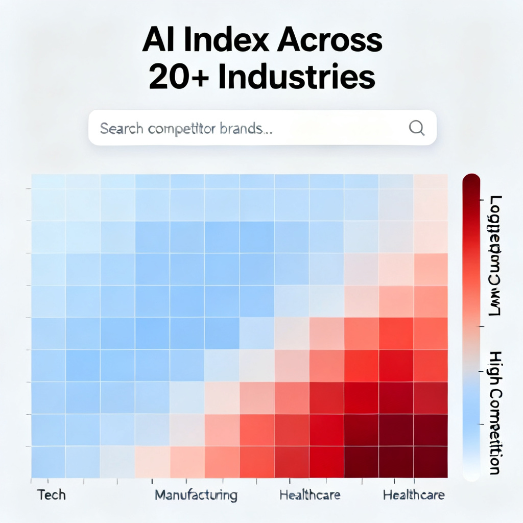 A macro-level data visualization of AI Index across 20+ industries, with a search bar for competitor brand analysis and a heatmap showing market competition intensity.