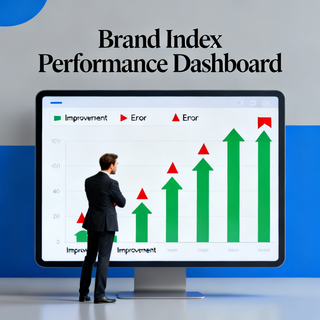 A dashboard showing brand index scores, with green arrows indicating improvement and red flags highlighting errors, a business owner analyzing the data.