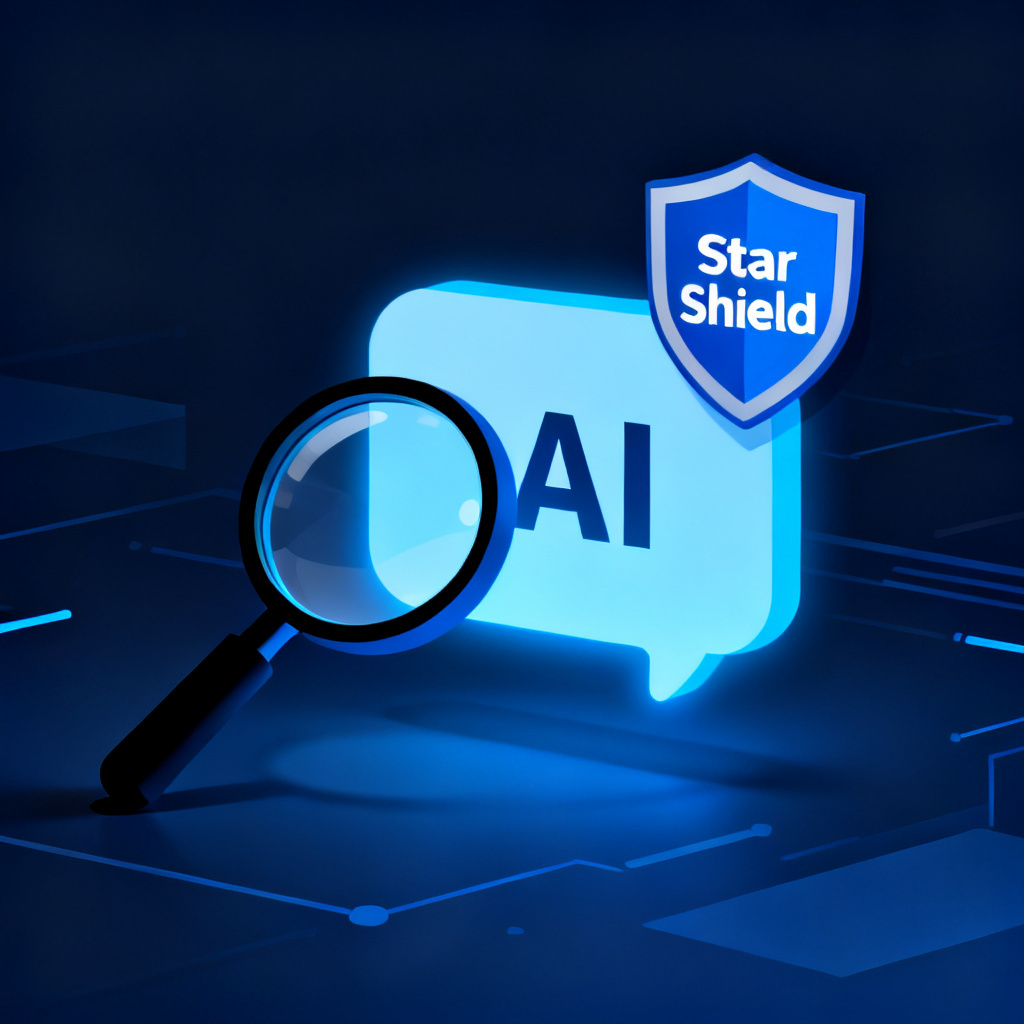 A conceptual image of a magnifying glass inspecting a glowing AI text bubble, with a shield icon labeled 'Star Shield' protecting against false information, in a dark blue tech-themed background, 16:9 aspect ratio