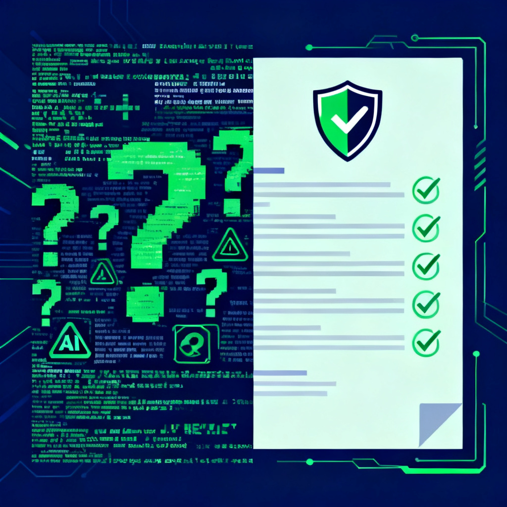 A split illustration showing on one side a chaotic, glitchy text with question marks and error symbols, representing AI hallucination; on the other side a clean, verified document with a shield icon and checkmarks, symbolizing truth verification. Dark blue and green color scheme, modern tech style.