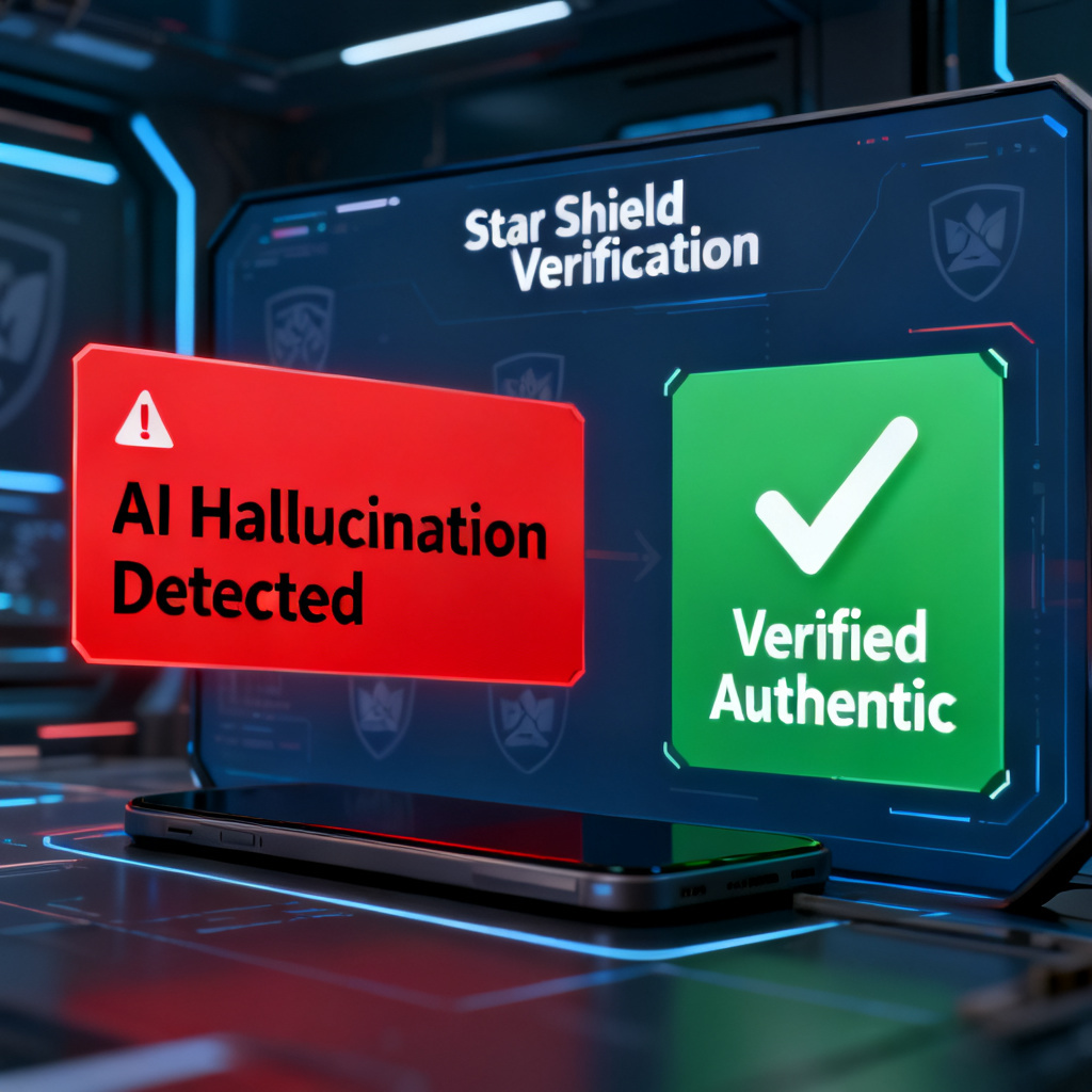 A realistic illustration of a user interface showing the 'Star Shield Verification' feature in action, with a red warning box highlighting 'AI Hallucination Detected' and a green checkmark for 'Verified Authentic', set against a futuristic digital background with subtle brand logos.
