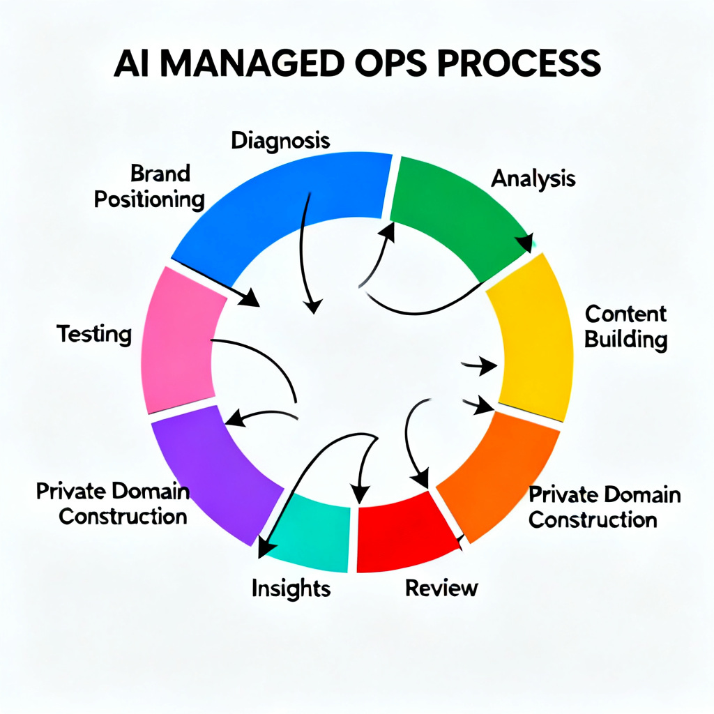 An 8-step circular flow diagram illustrating the AI MANAGED OPS process: Brand Positioning, Diagnosis, Analysis, Testing, Content Building, Private Domain Construction, Insights, and Review, with connecting arrows and color-coded stages