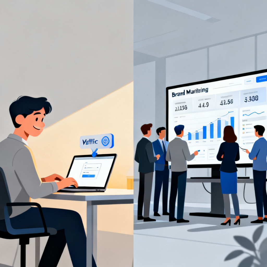 A split-screen illustration showing two scenarios: left side shows an individual user smiling while using a verification tool on a laptop; right side shows a team of business professionals analyzing a brand monitoring dashboard with real-time data. Both sides emphasize the contrast between personal and enterprise use cases. Clean, modern, professional style.