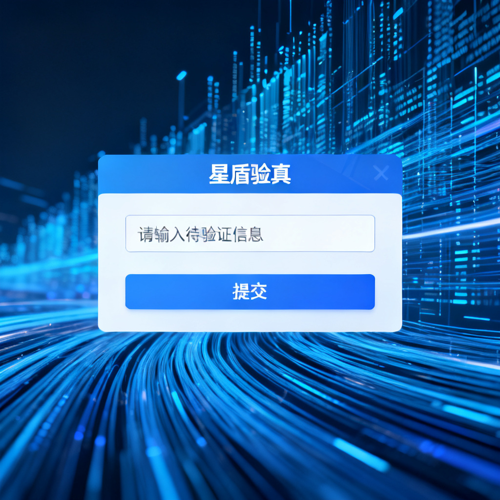 一张科技感十足的界面截图,显示“星盾验真”功能,输入框内有文字,下方有“提交”按钮,背景为数据流动的蓝色线条,风格写实。