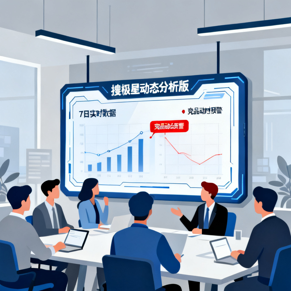 搜极星动态分析版看板，显示7日实时数据，竞品动态预警以红色标记突出，背景是办公室团队讨论场景，扁平风格，科技感