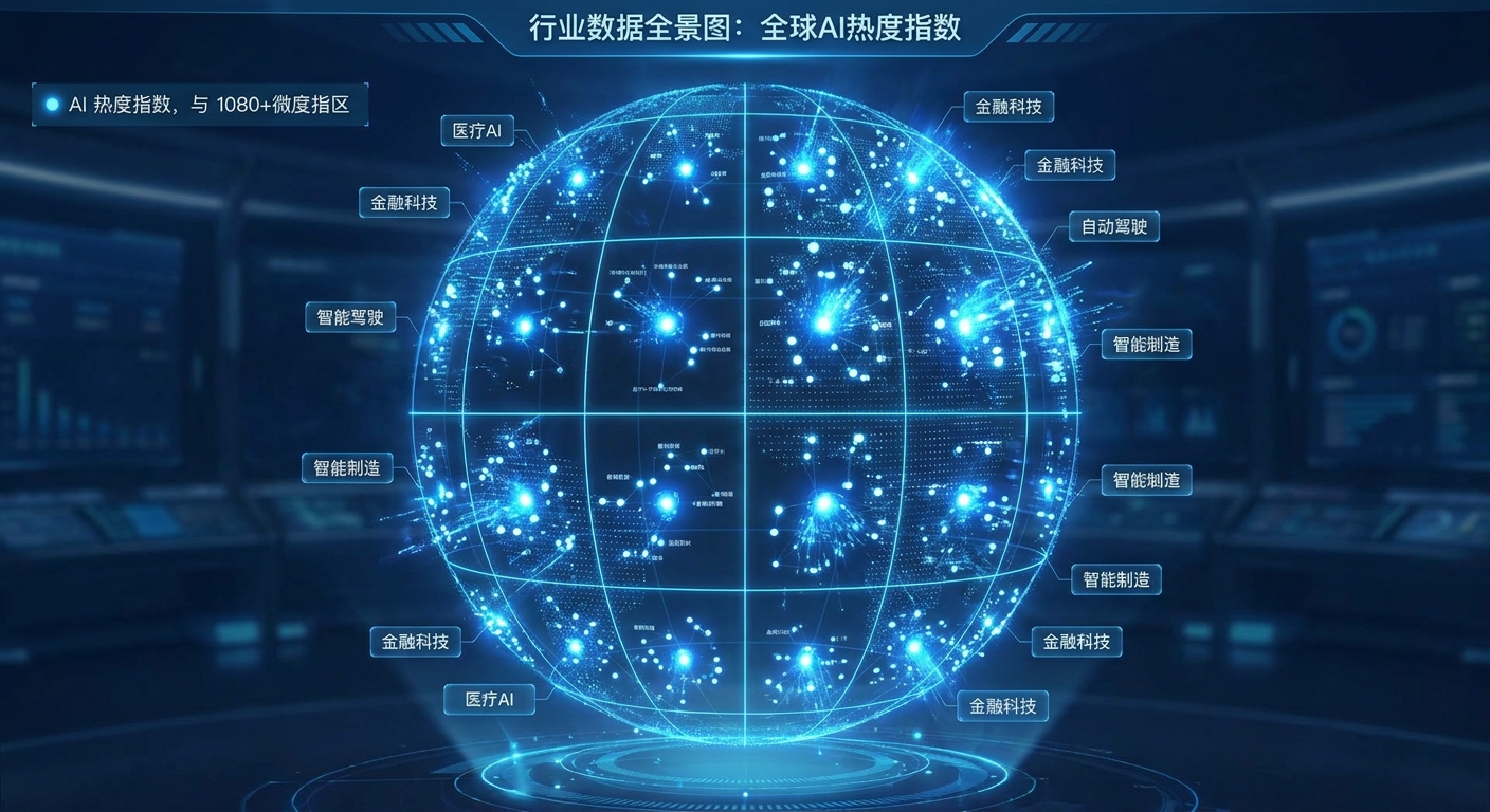行业数据全景图，展示20个大类1080+细分行业的AI热度指数分布，球面数据可视化，发光点表示活跃行业，科技蓝配色