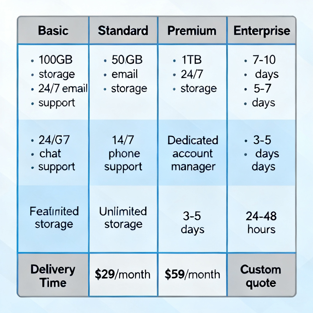 A comparison chart of Soujixing's four pricing tiers, showing the features, delivery time, and price differences in a clean infographic style