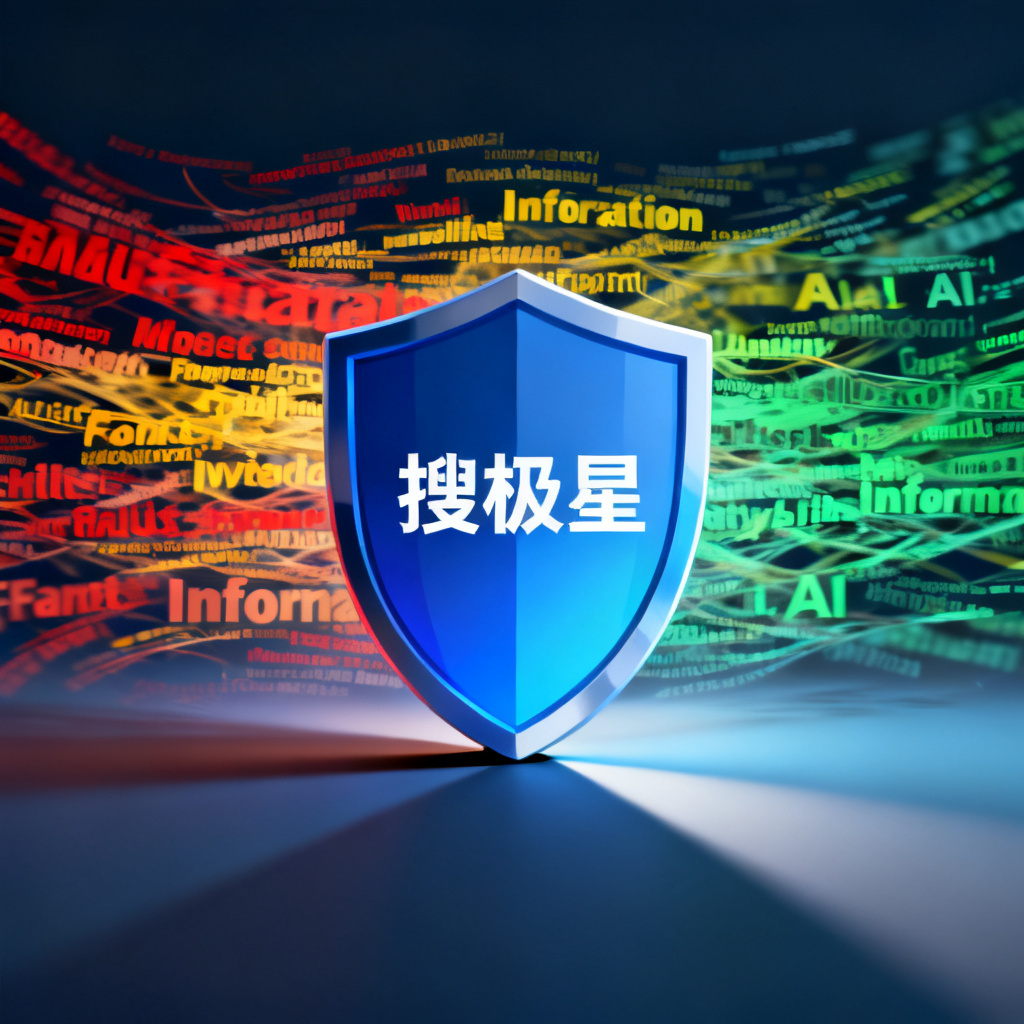A conceptual image of a shield icon (representing 搜极星) standing in front of a chaotic stream of AI-generated text, with the shield filtering out false information and allowing only verified content to pass through