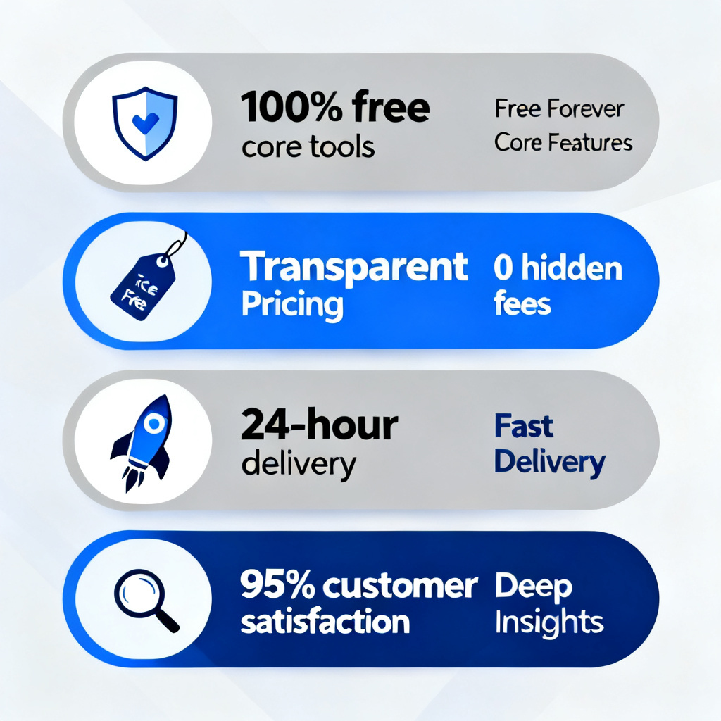 An infographic highlighting Sojistar’s key advantages: free forever core features, transparent pricing, fast delivery, and deep insights. Style: business-oriented, with data points and icons.