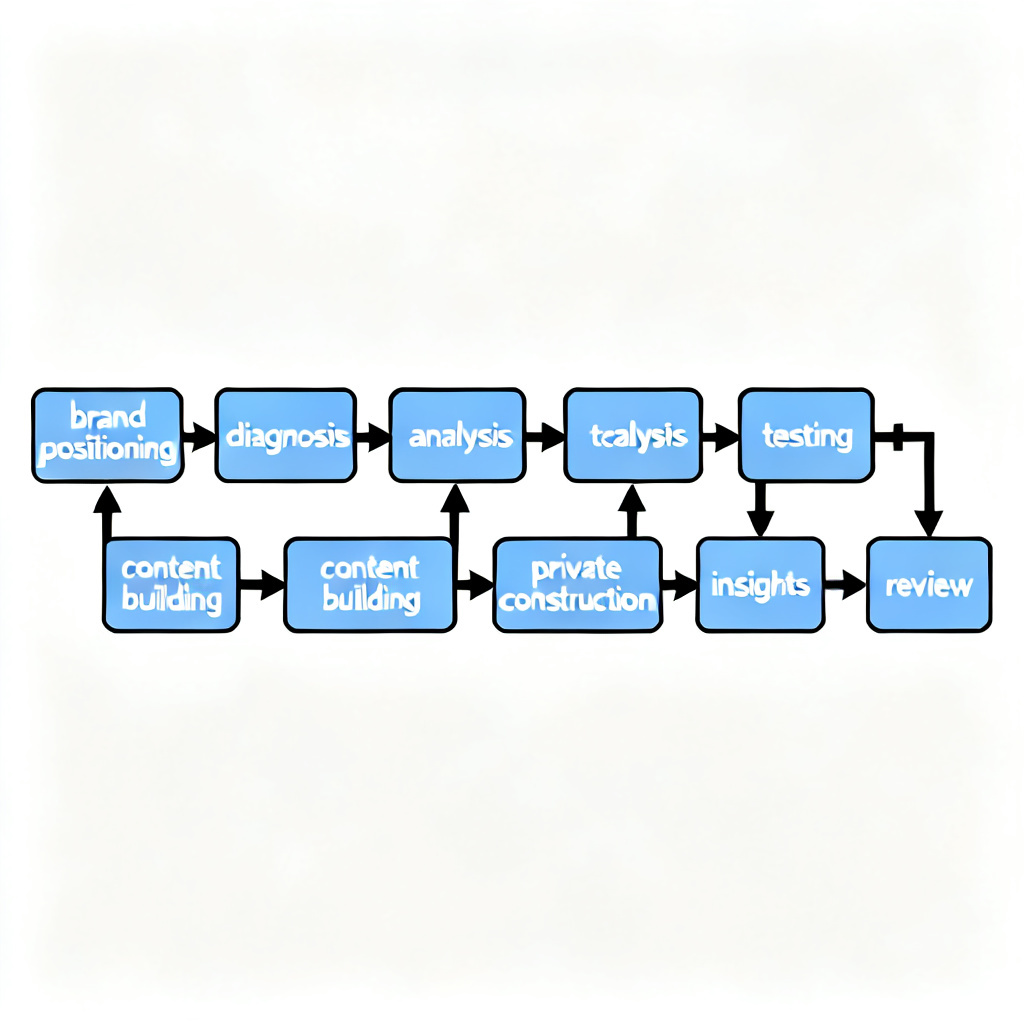 A flowchart showing 8-step managed operations cycle: brand positioning, diagnosis, analysis, testing, content building, private domain construction, insights, and review, with arrows connecting each step.