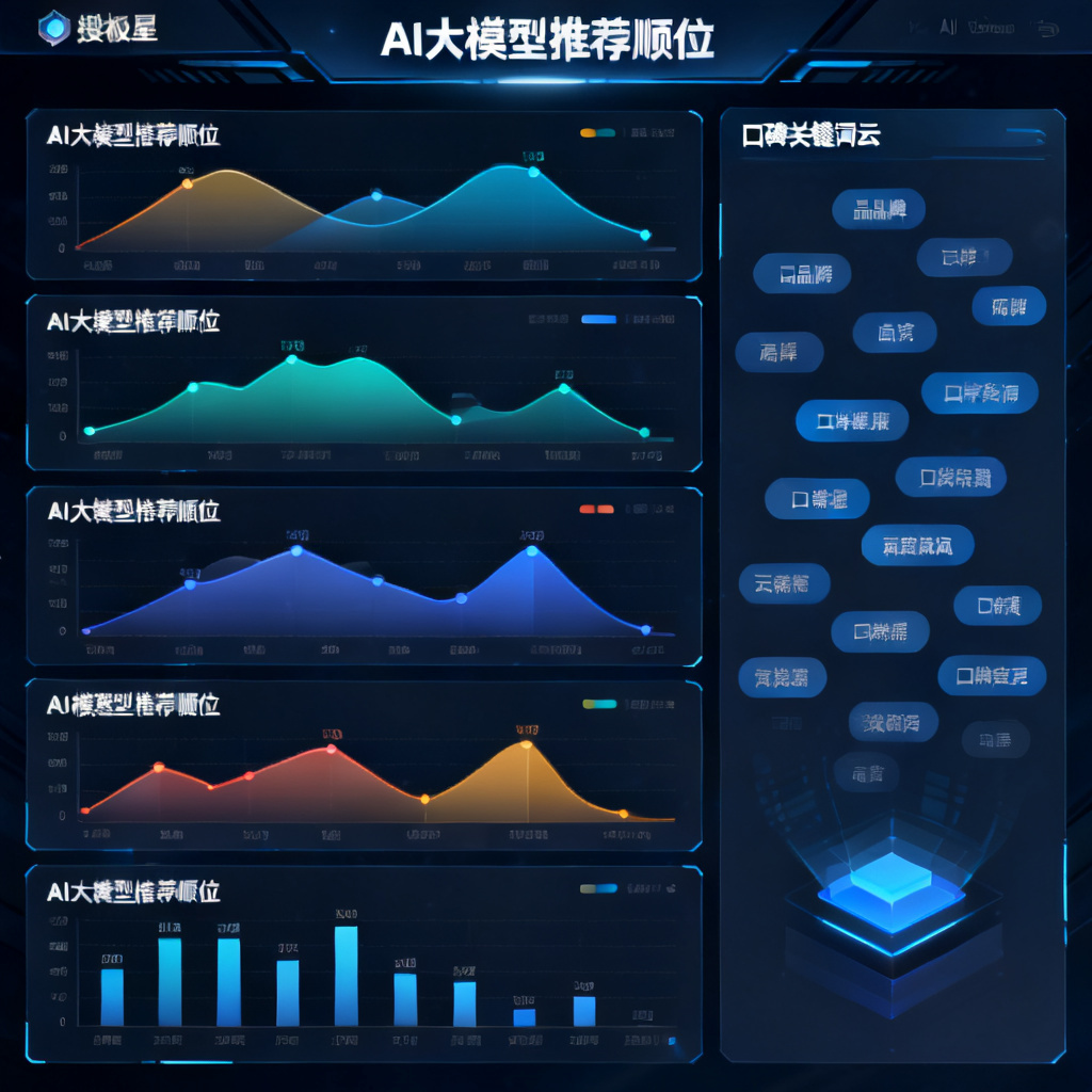 搜极星品牌AI北极星仪表盘界面，展示品牌在多个AI大模型中的推荐顺位和口碑关键词云，高清UI设计