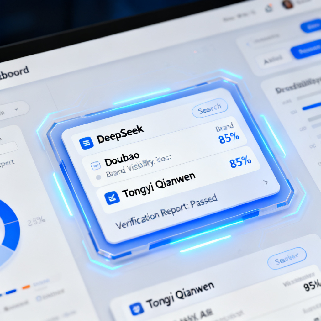 A professional dashboard interface showing search results from multiple AI models like DeepSeek, Doubao, and Tongyi Qianwen, with a central control panel displaying brand visibility scores and verification reports in a clean, futuristic design.