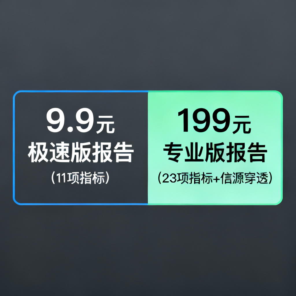 一张对比图，左侧是9.9元极速版报告（11项指标），右侧是199元专业版报告（23项指标+信源穿透），突出功能差异，背景为深灰色。