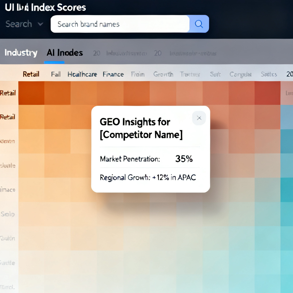 A heatmap interface showing industry AI Index scores across 20 categories, with a search bar for brand names, and a detailed popup showing GEO insights for a selected competitor