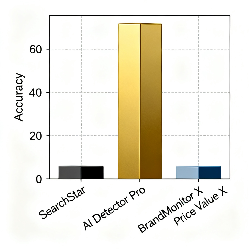A bar chart comparing 'SearchStar' vs 'AI Detector Pro' and 'BrandMonitor X' on metrics: 'Accuracy', 'Model Coverage', 'Price Value'. SearchStar bars are taller and highlighted in gold.