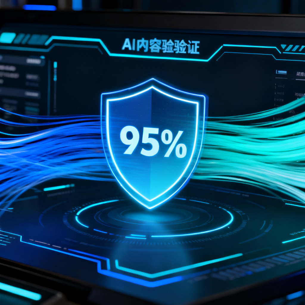 A futuristic dashboard showing AI content verification results with a shield icon and percentage scores, surrounded by data streams
