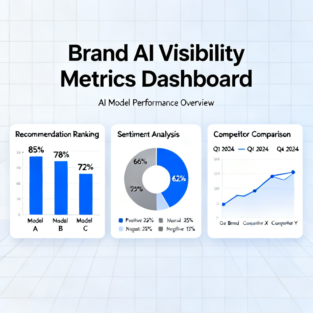 A dashboard interface showing brand AI visibility metrics, with charts for recommendation ranking, sentiment analysis, and competitor comparison across multiple AI models.