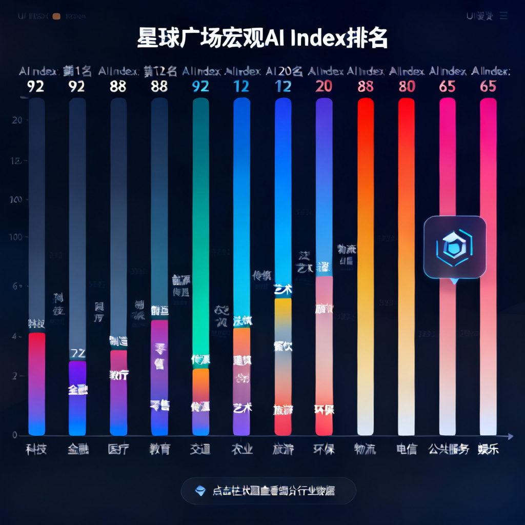 星球广场的宏观指数页面，展示20个大类行业的AI Index排名，每个行业以不同颜色柱状图表示，用户可点击查看细分行业数据