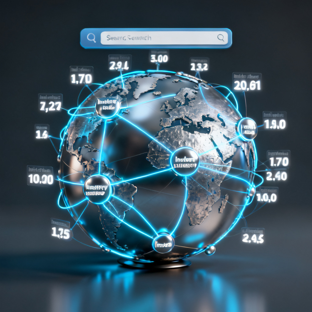 A 3D globe with data nodes representing different industries, connected by glowing lines, with a search bar and real-time index numbers floating around.