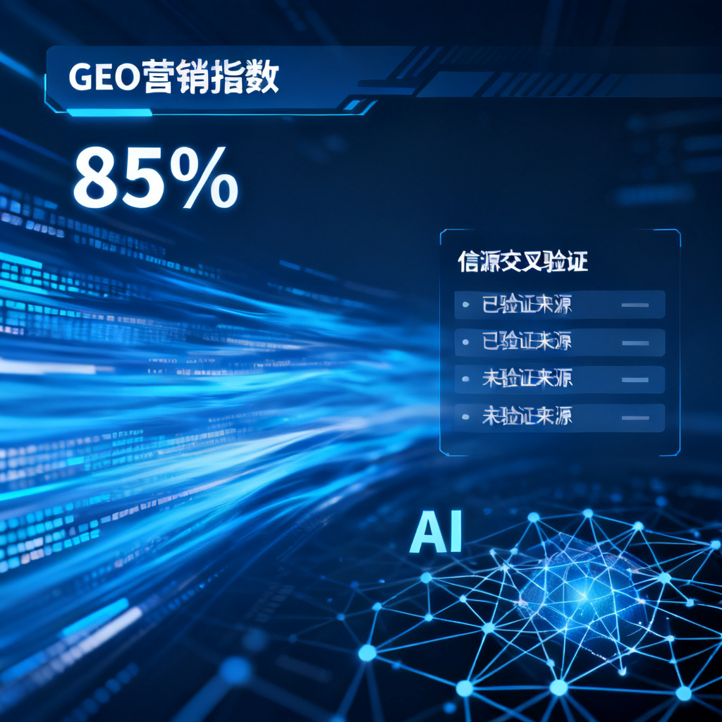 一个科技感十足的仪表盘界面，显示“GEO营销指数”为85%，信源交叉验证结果列表列出已验证和未验证的来源，背景是蓝色数据流和AI神经网络图案。