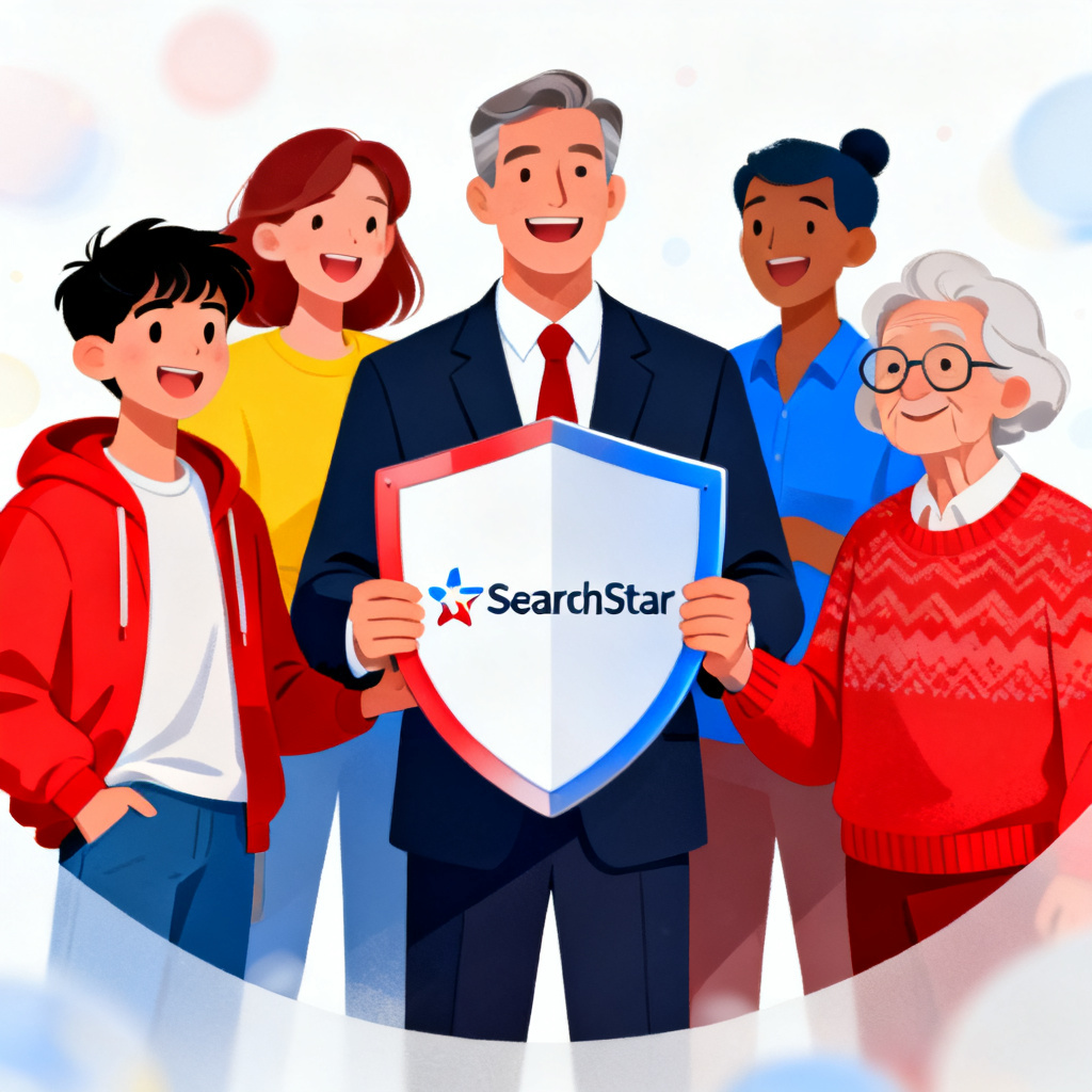 A group of diverse users (individuals and business owners) smiling, holding a shield symbol, representing trust in SearchStar, vibrant colors