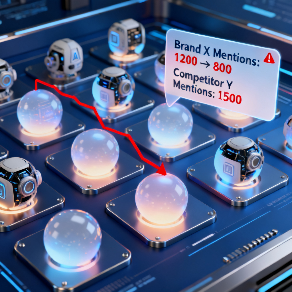 A 3D dashboard showing a brand's visibility across multiple AI models represented by glowing spheres. A red line indicates a sudden drop in mentions for one model, while an alert pops up with a comparison to competitor brand.