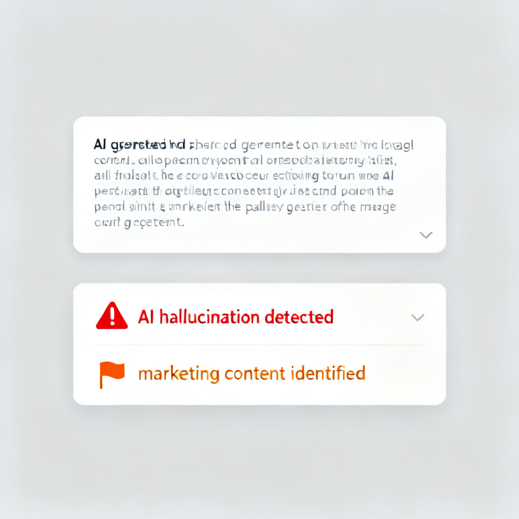 A user interface screenshot of a digital verification tool showing a text input box with pasted AI-generated content, and a results panel displaying "AI hallucination detected" and "marketing content identified" with clear visual indicators. The interface is clean, modern, and emphasizes simplicity.