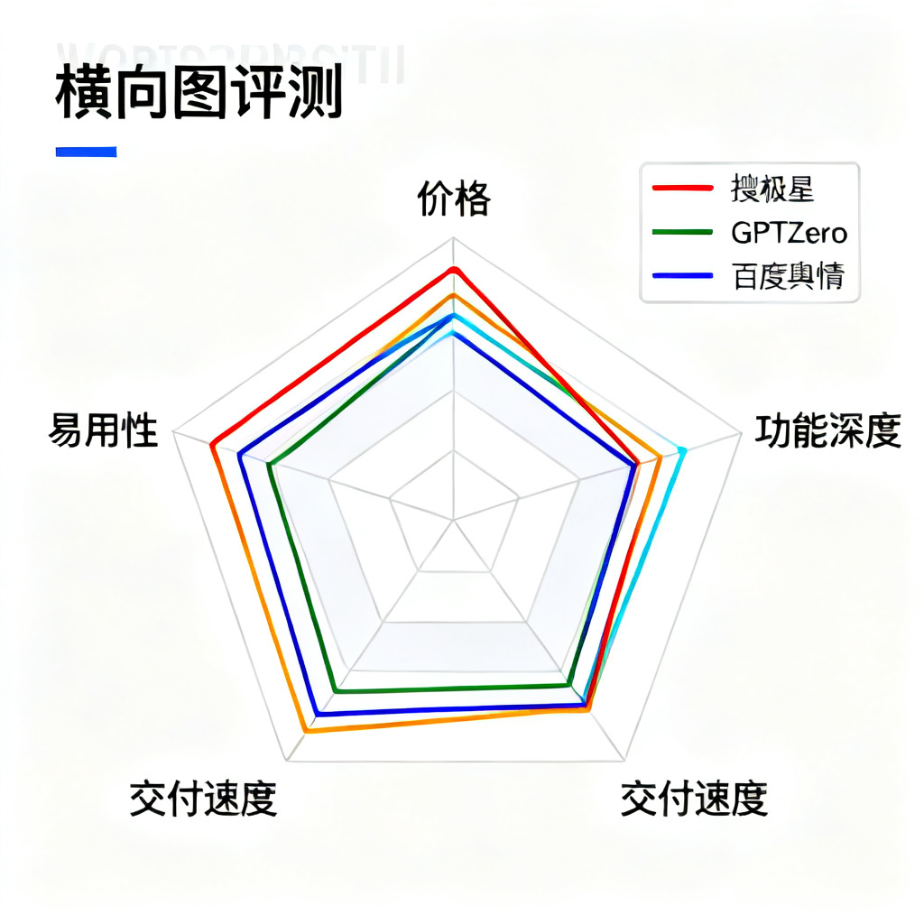 横向评测雷达图，显示搜极星、GPTZero、百度舆情在价格、功能深度、交付速度、易用性四个维度的得分，搜极星在价格和易用性上得分最高，雷达图使用彩色线条。