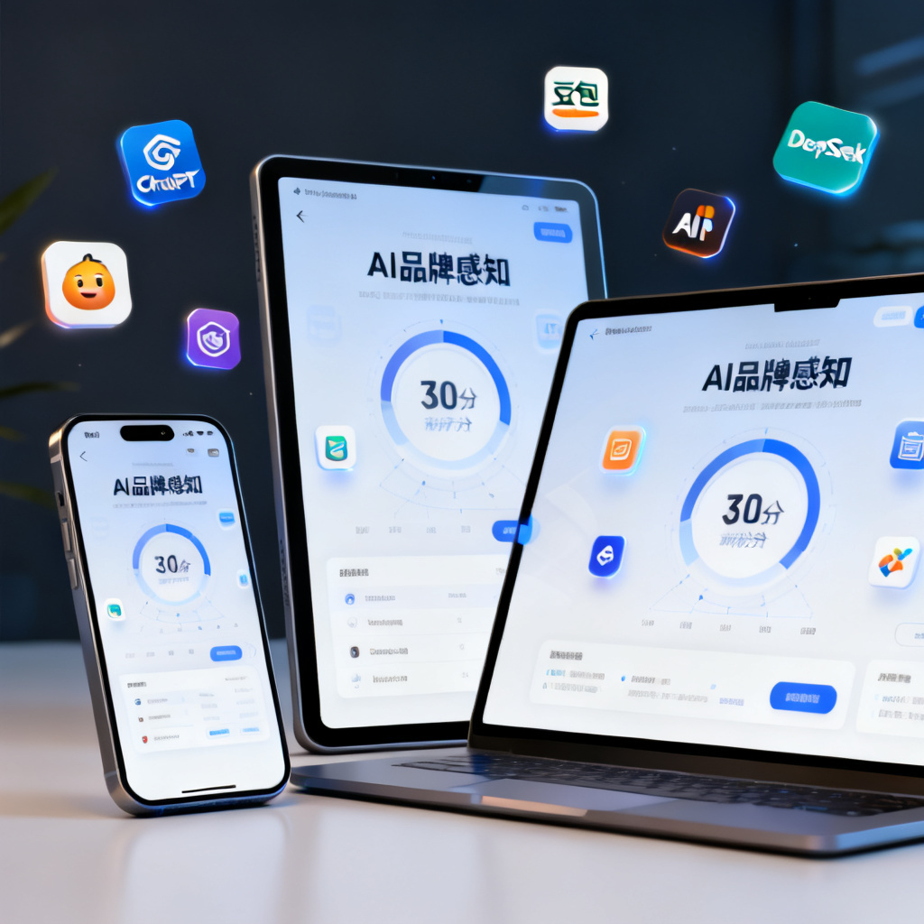 一个用户在不同设备上使用搜极星:手机、平板、电脑,界面统一显示“AI品牌感知”评分,周围漂浮着各种AI大模型图标(ChatGPT、豆包、DeepSeek)