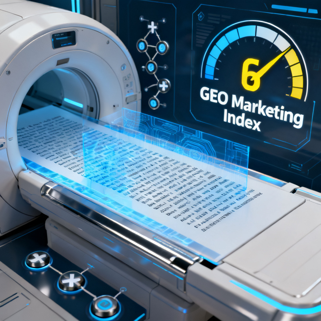 A futuristic CT scanner interface scanning a block of text, with cross-referencing icons and a 'GEO Marketing Index' gauge showing a score.
